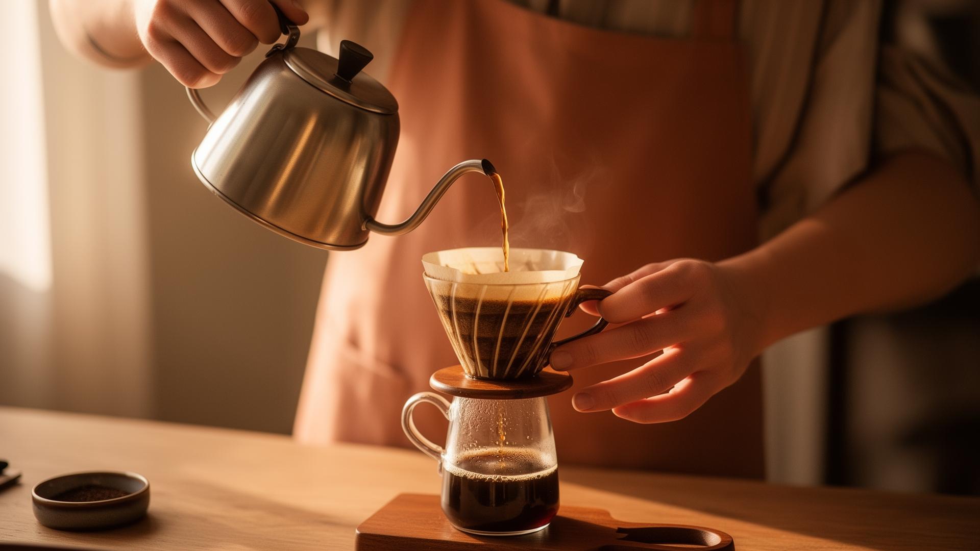 Warm morning light catches a hand-poured cup of coffee